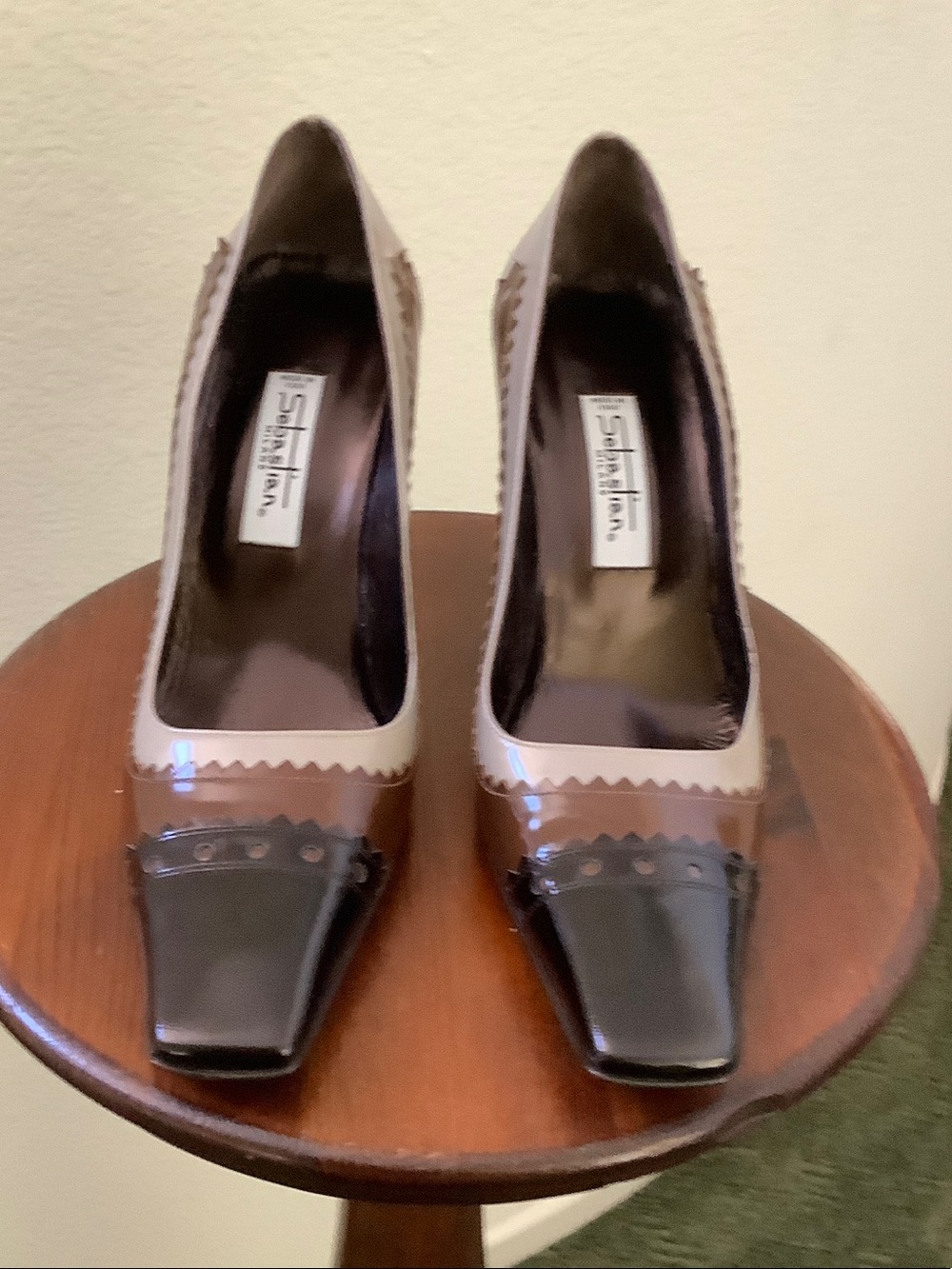 Sebastian Milano Brown and Cream Patent Pointed-Toe Pumps
